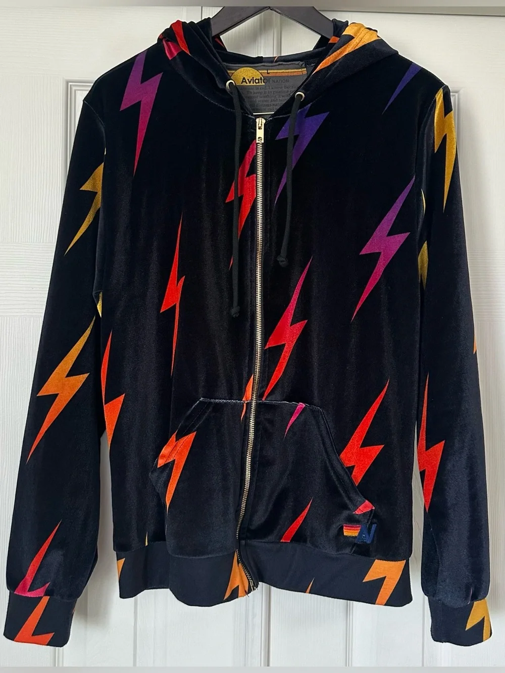 Aviator Nation Black Velvet Hoodie and pants set Multicolor Lightning Bolt
